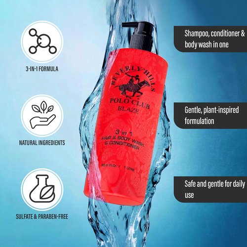 Beverly Hills Polo Club Men's 3-in-1 Shampoo, Conditioner & Body Wash - Blaze Scent | 33.8 fl oz Premium Freshness