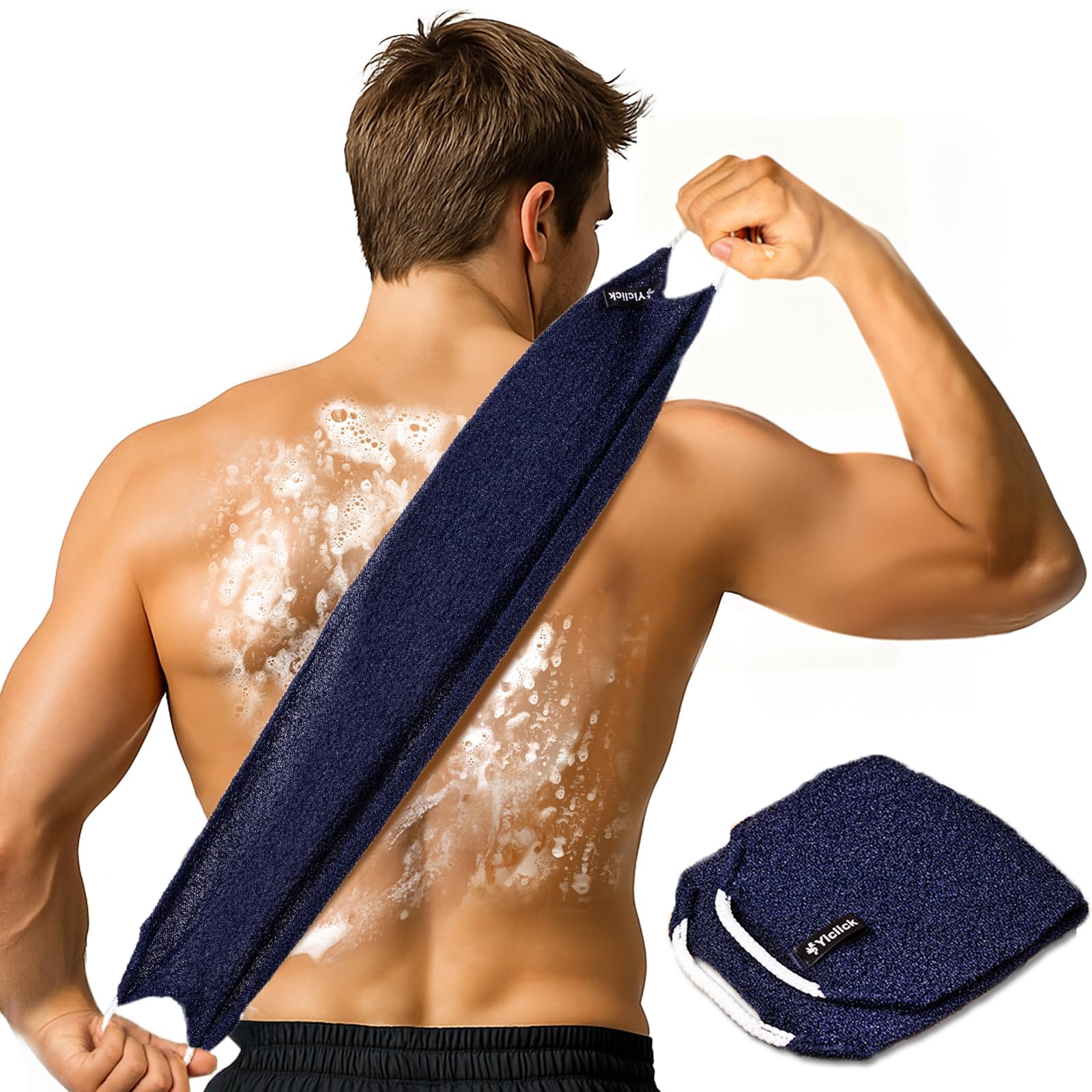 Yiclick Exfoliating Washcloth Towel with Handle, Back Scrubber for Shower, Exfoliating Body Scrubber Exfoliator, Japanese Wash Cloth for Body Scrub, Bath Sponge Loofah Luffa Washer Exfoliator