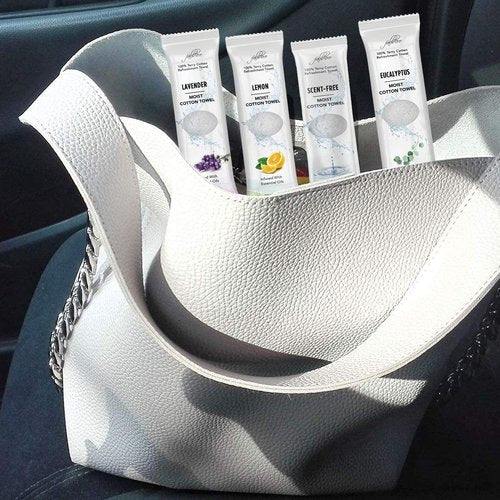 FabbPro Oshibori Moist Terry Cotton Refreshment Towels (100 Pack,8x8 Inches)-White Scented Pre-moistened Essential Oil Infused Towel to Use Hot or Cold – Unscented, Lavender, Lemon & Eucalyptus Scents