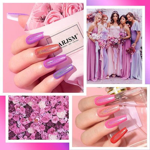 RARJSM Holographic Gel Nail Polish Set Summer Colors Glitter Gel Polishes Kit Rose Gold Hot Pink Red Violet Bright Purple 6PCS 7.5ML Curing Required Unicorn Mirror Laser Effect for Salon Home Manicure