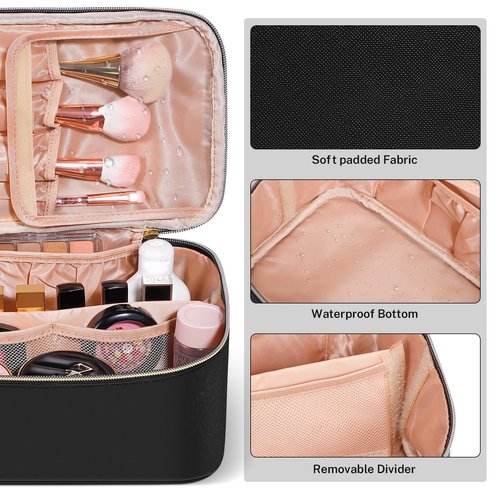 senbowe Travel Makeup Bag, Large Capacity Cosmetic Bags for Women,Portable Waterproof Leather Toiletry Bag Make Up Organizer Bag with Divider and Handle