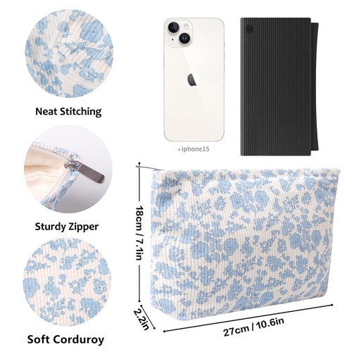 OZAOZ Makeup bag for Women, Flower Cosmetic Bags Zipper Pouch, Large Capacity Corduroy Makeup Bag, Travel Toiletry Bag Organizer for Women and Girls (Flower-C)