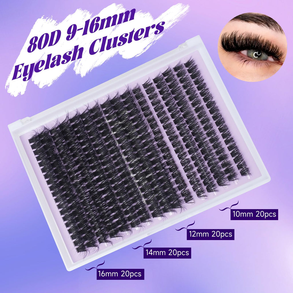 Zociacil 9-16mm 80D Fluffy Lashes Clusters 320pcs Wispy Natural Eyelash Cluster D Curl Extension 0.07D DIY Individual Lashes Cluster at Home for Beginners (80D)