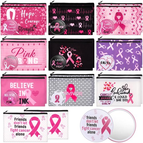 Amylove 40 Pcs Breast Cancer Gifts for Woman, 20 Breast Cancer Awareness Makeup Bags and 20 Pink Ribbon Compact Mirrors Care Gifts for Survivors Patients