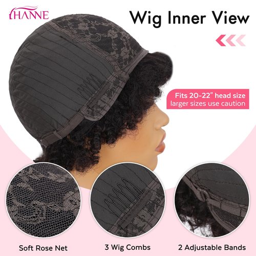 HANNE Short Afro Wig for Black Women 100% Human Hair Tight Curly Wig Short Curly Wig (Black)