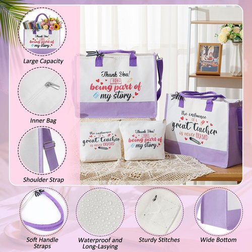 Hillban 4 Set Teacher Appreciation Valentines Gift Bulk Thank You Teacher Tote Bags Embroidery Inspirational Cosmetic Bag for Women (Pink,Purple)