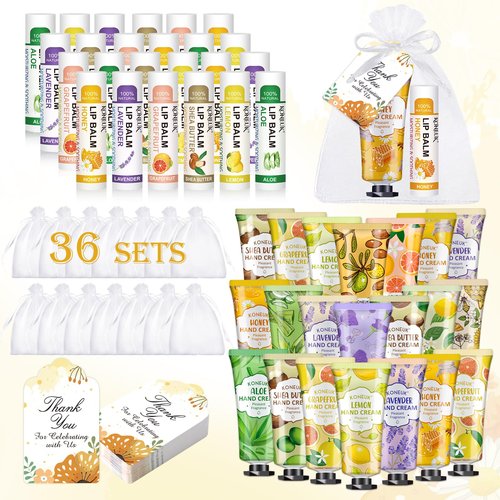 KONEUK 36 Pack Hand Cream Bulk and Lip Balm Bulk Sets, Easter Basket Stuffers, Thank You Gifts and Birthday Gifts with Thank You Card Organza Bags, Mothers Day Gifts, Teacher Gifts, Nurse Gifts