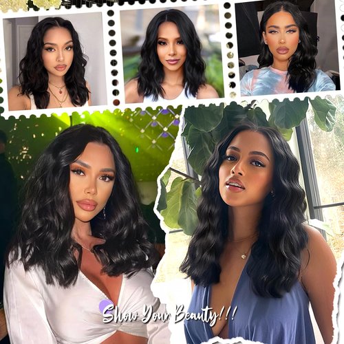 PISRY 14 Inch Short Wavy Wigs for Women Natural Curly Bob Style 6x4 Glueless Synthetic Lace Front Wig Pre Plucked Pre Cut Hairline Daily Party Use（Black）