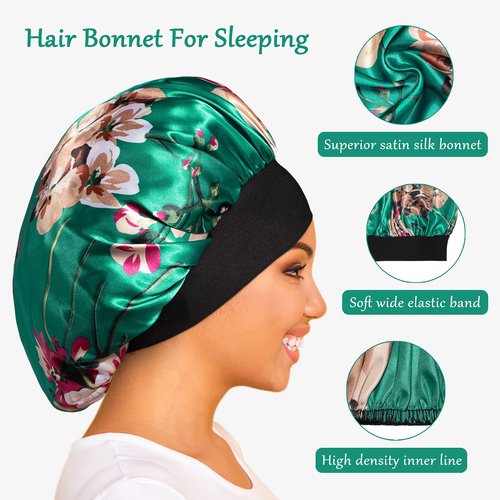 Satin Bonnet Silk Bonnet Hair Bonnet for Sleeping- 4 Pack Sleep Bonnets for Women with Wide Elastic Band for Curly Hair Braids