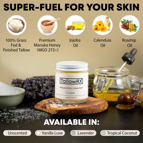 100% Grass-Fed Beef Tallow for Skin – Whipped Tallow Honey Balm, Pure & Organic Moisturizer for Face & Body with Manuka Honey, Jojoba & Calendula – Deep Hydration & Soothing (4 oz, Vanilla Scented)