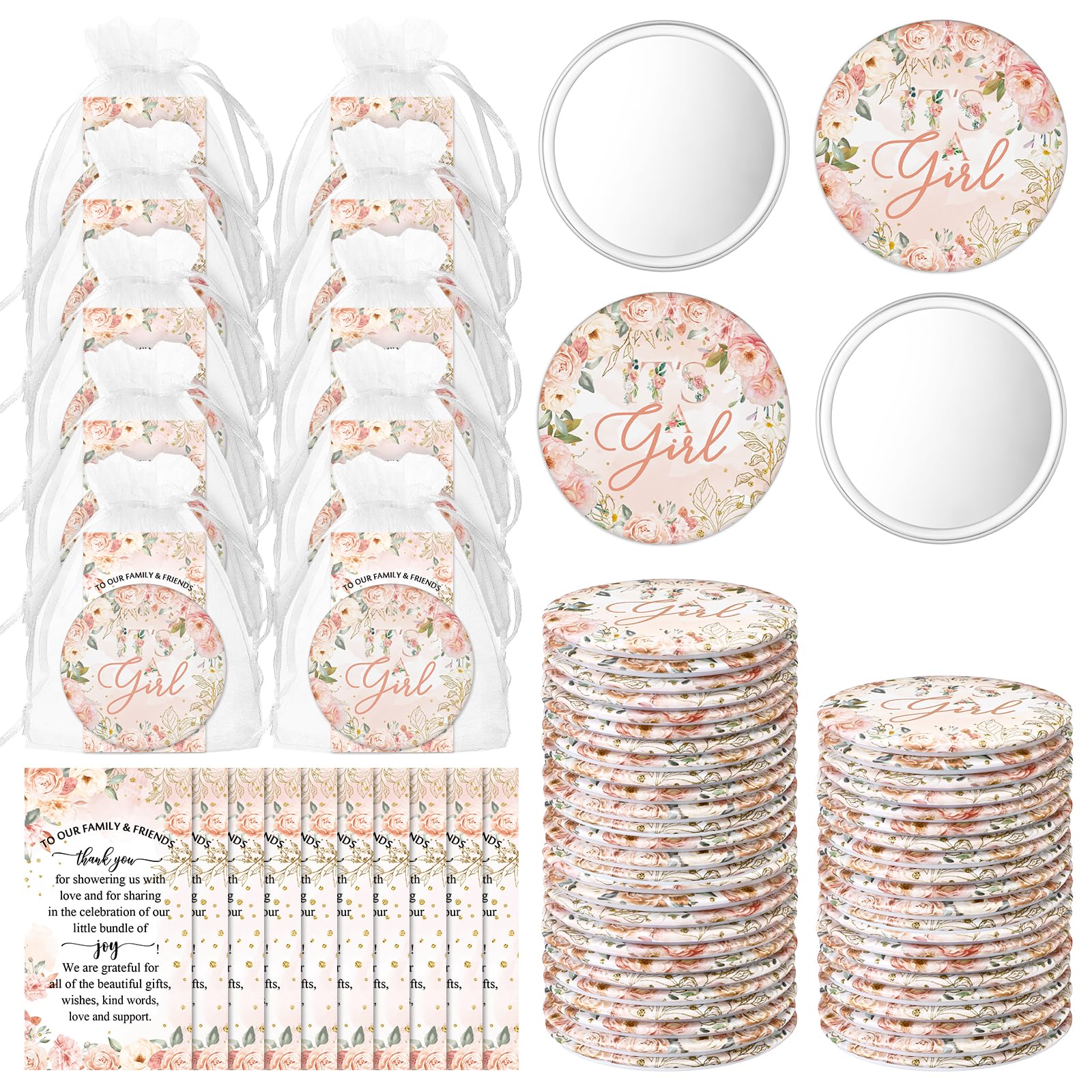Yuntau 36 Sets Baby Shower Favors Bulk Small Compact Mirrors with Thank You Cards Organza Bags Mini Pocket Makeup Mirrors Return Gift for Guests Girl Boy Wedding Gender Reveal Party(It's A Girl)