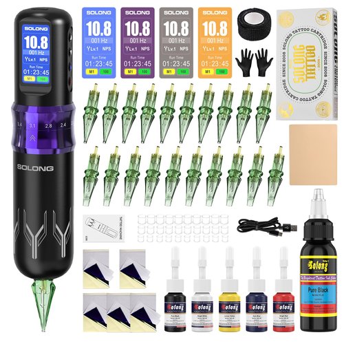 Tattoo Gun,Solong Complete Tattoo Kit with 7 Stroke Lengths，Powerful Battery, Assorted Cartridge Needles Tattoo Gun Kit for Beginners(Purple) SL-TKE200A-4-USA