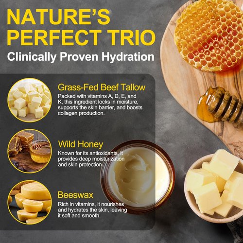Marianp Beef Tallow for Skin, Tallow and Honey Balm, Organic Grass-Fed Beef Tallow & Raw Wild Honey Blend for Skin Care, Moisturizer Hydrates and Nourishes for Face and Body, Natural Lotion, 4.2 oz