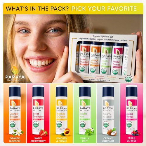 Papaya Naturals Organic Lip Balm Set - 6 Pack of Moisturizing Beeswax & Cocoa Butter in Assorted Flavors