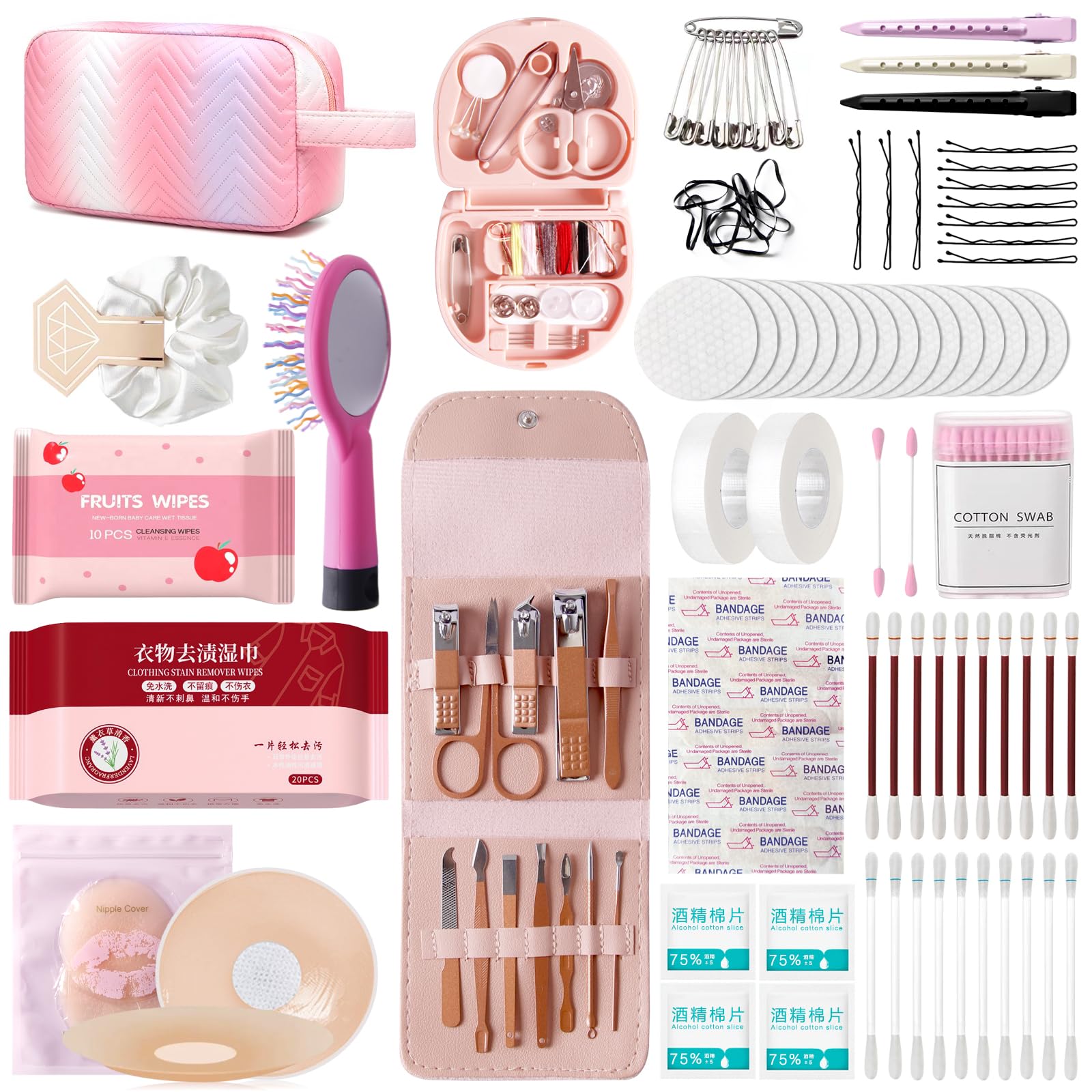 Wedding Day Emergency Kit for Bride, Team Bride Wedding Essentials Survival Set, Must-Have 40+ Essentials Travel Kit with Makeup Bag (Pink)