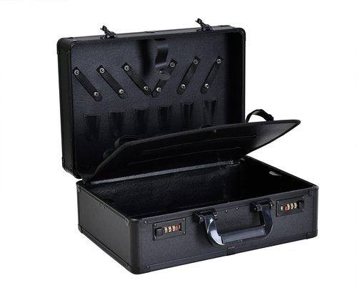 Kinglioncase Barber Case Clipper Bag Black, Hair Kit Tool Box Aluminum Organizer with Portable Handle and Secure Numlock for Scissors, Clippers, Barber Supplies 15.8" x 11" x 6.5"