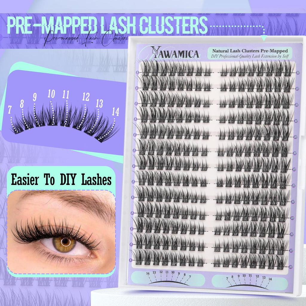 Yawamica Natural Lash Clusters Short Cat Eye Lash Extension 7-14mm Wispy Eyelash Clusters C Curly Individual Lashes Pre-mapped Left Right Cluster Eyelash Extensions DIY Lash Natural Look