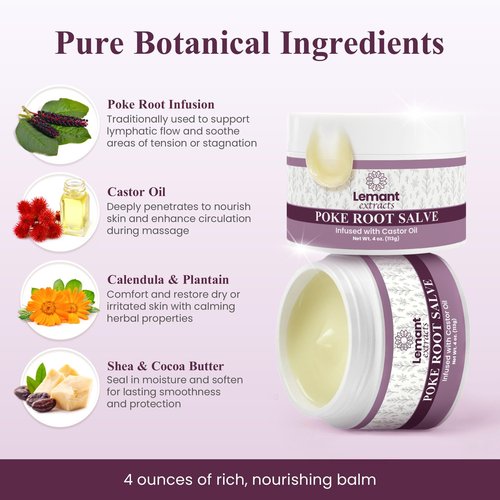 Lemant Organic Poke Root and Castor Oil Salve (4 oz) - Herbal Poke Root Salve infused with Castor Oil, Calendula, Plantain, Red Clover, Boswellia, Shea Butter, and Lavender
