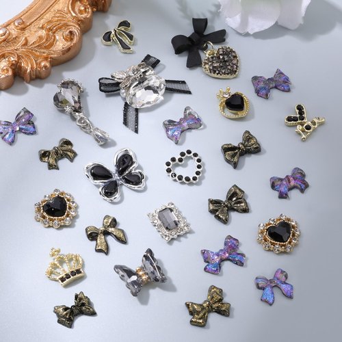 5 Boxes Black 3D Nail Charms Set, 24Pcs Y2k Alloy Nail Art Rhinestone Charms 3D Bow Flower Crown Heart Star with Tweezers and Dual-end Brush for Manicure Salon DIY Crafts,Face Makeup Gems Jewels
