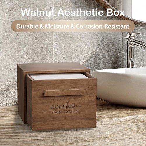 Ourmed Life Walnut Wooden Face Towel Holder Box, Moisture-Resistant Storage Organizer for Bathroom, Includes 50 Ct Disposable Facial Towelettes, 12''x10'' Biodegradable Clean Cloths for Sensitive Skin