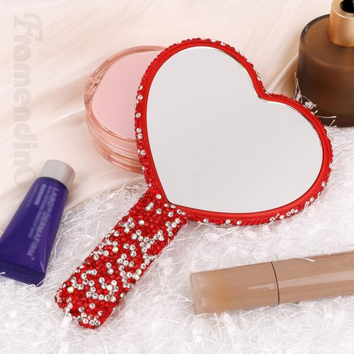 Framendino, 1 Pack Bling Heart Cosmetic Handheld Mirror Red Metal with Handle for Women Makeup Travel