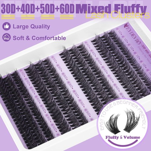 EYDEVRO Lash Clusters Kit 30D40D50D60D Lash Extension Kit Cluster Eyelash Extension Kit 10-14mm Individual Lashes Kit Cluster Lashes with Sweatproof Lash Bond and Seal Lash Tweezers