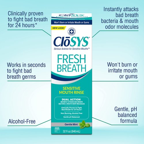 CloSYS Mouthwash, 32 Ounce, 2 Count, Fresh Breath Mouthwash, Gentle Mint, Alcohol Free, Dye Free, pH Balanced Mouth Wash, Helps Soothe Entire Mouth, Fights Bad Breath