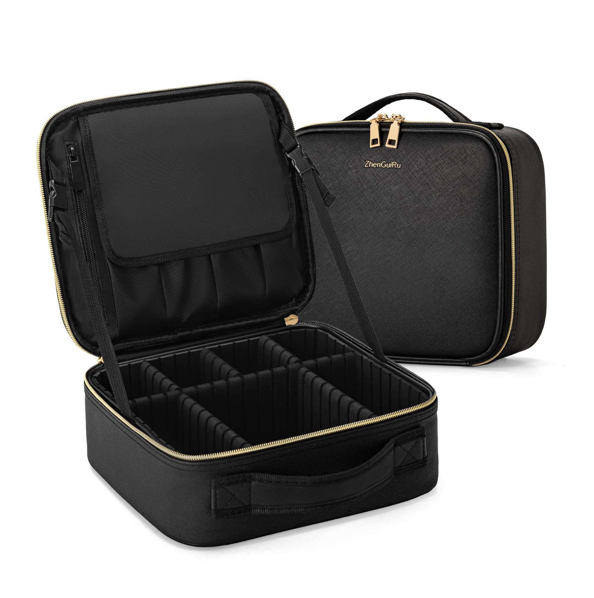 ZhenGuiRu Travel Makeup Bag, Makeup Train Case, Portable Makeup Artist Organizer with Adjustable Dividers, Cosmetic Brush Holder Storeage