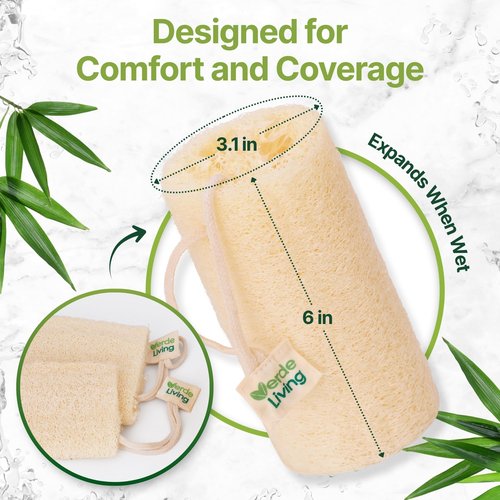 Verde Living 100% Natural Loofah Sponge for Body - 3 Loofa Pack 6 Inch Exfoliating Sponge with Drawstring - Large Organic Shower Loofah for Men and Women