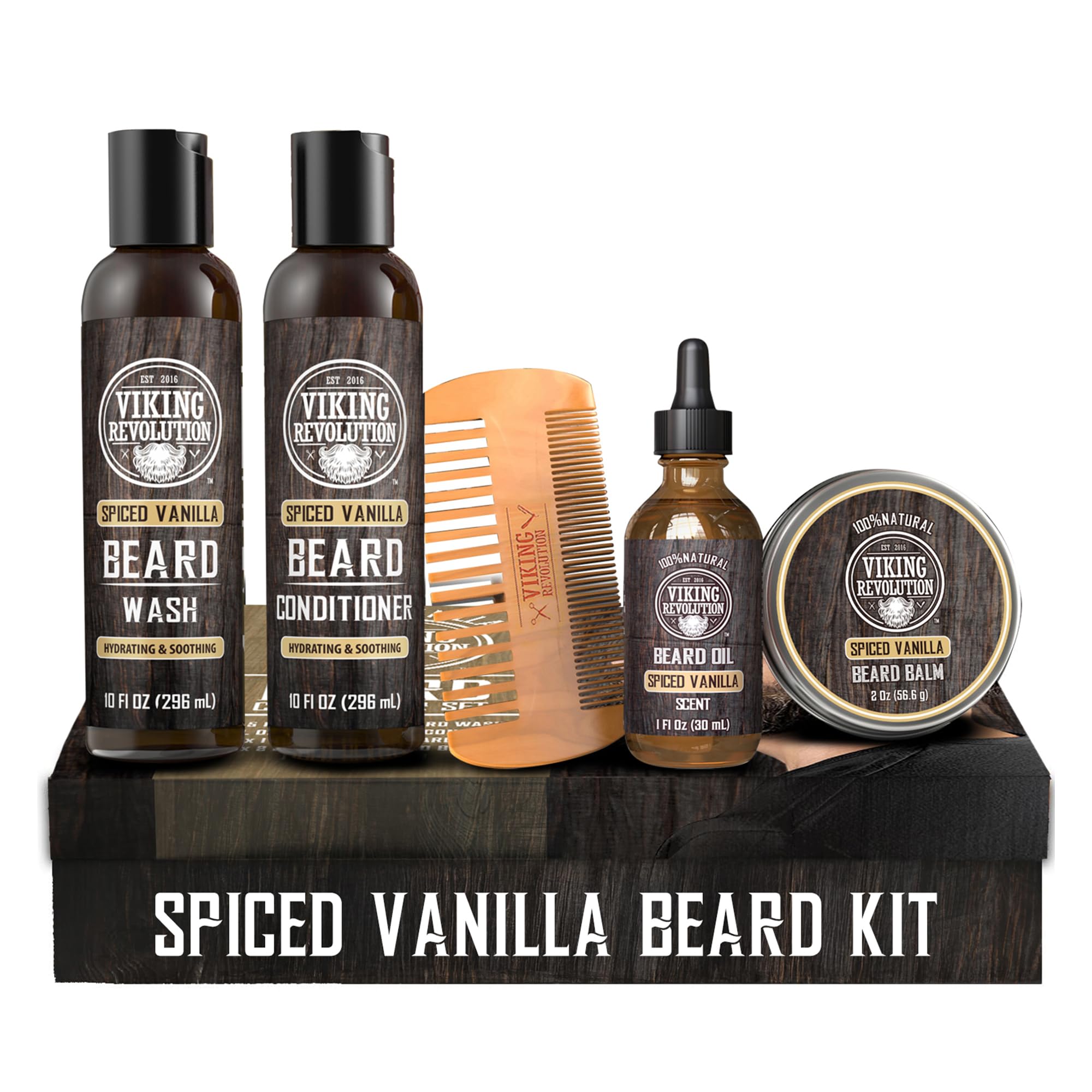 Viking Revolution Ultimate Conditioner for Men's Beard Grooming - Softens, Smoothes and Soothes - Contains Beard Wash and Conditioner (5oz Set), Beard Oil, Balm and Wooden Comb - Spiced Vanilla Scent