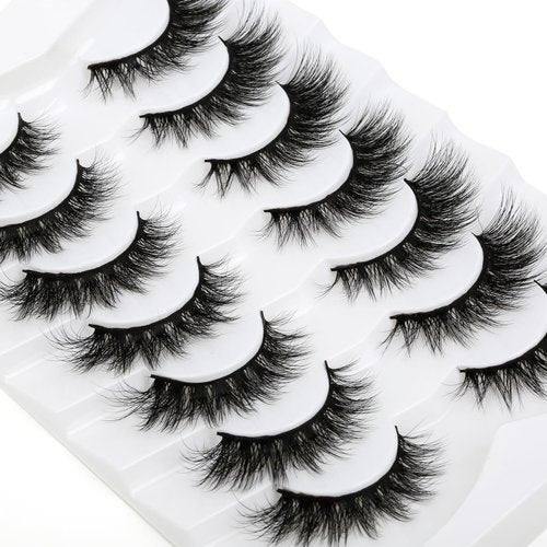 SHUYING False Eyelashes 16mm Faux Mink Lashes with Superfine Band Fluffy Cat Eye Strip Lashes Natural Look Soft Wispy Luxury Volume Fake Eyelash 7 Pairs Pack