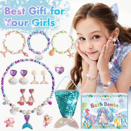 Mermaid Bath Bombs for Girls Kids with Toys Inside, 9 Pcs Natural Handmade Shell Bubble Bath Bomb Kit for Girls with Jewelry Surprise, Pefect for Christmas Easter Birthday Gift Princess Party Favor