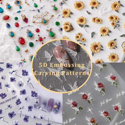5D Embossed Chirstmas Nail Art Stickers 2 Sheets Xmas Tree Snowflakes Nail Decal Self Adhesive Pegatinas Uñas for Women Nail Supplies Art Design Stickers