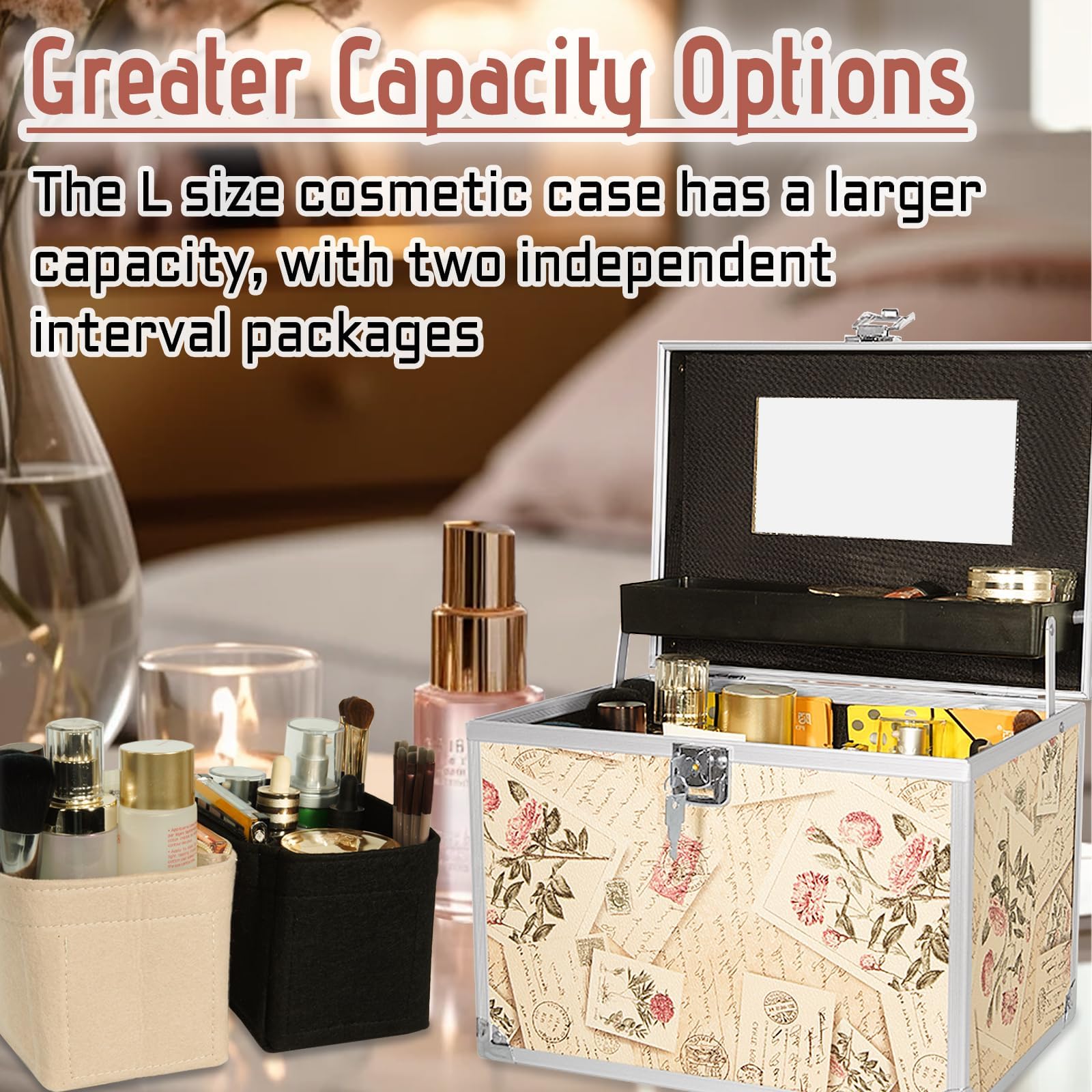 VNIMTI Makeup Train Case, Portable Makeup Box with Mirror, Cosmetic Storage Box for Women with Trays, Makeup Box Organizer (Vintage Stamp - Box -Size L)