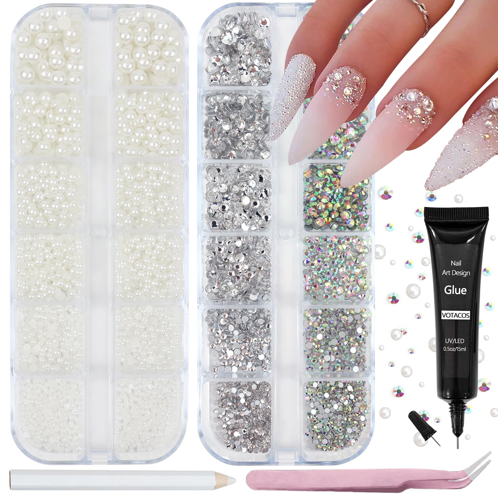 VOTACOS Nail Art Pearls Rhinestones with Glue Gel White Flatback Pearls Luxurious Nail Charms Supplies Accessories Colorful Nails Rhinestones Gems Jewelry for Women Nails Design