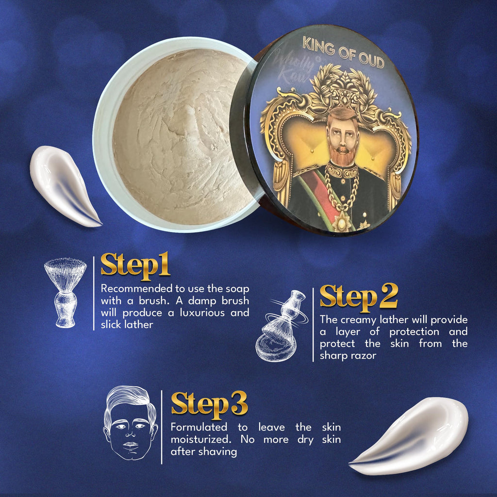 Wholly Kaw Shaving Soap | Luxury Dense, Rich & Creamy Lather Tallow Wet Shave Puck Notes of Bergamot Lemon Clary Sage Rose Pink Pepper Galbanum, Oud | Grooming and Skincare for Men 4 oz - King of Oud
