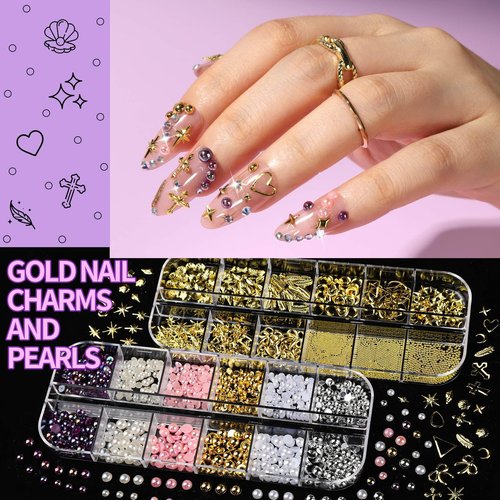 FANDAMEI Nail Charms and Gems, 8 Boxes Nail Art Kit for Design, Multi-Shape Rhinestones for Nails Flat Back Pearls Jewels, 3D Fruit Flower Candy Nail Charms, Gold Nail Studs Jewels