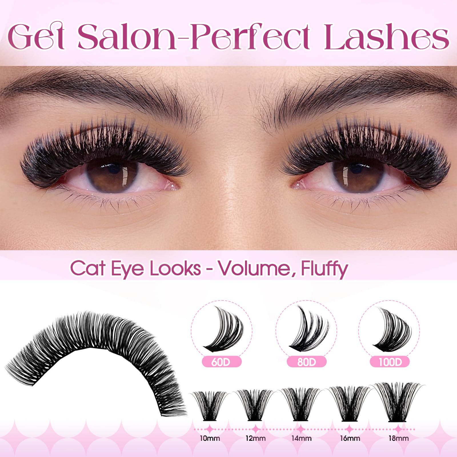 Wendy Lash Clusters Kit Packs: 980-Pcs, 60D, 80D, 80D, 100D, D Curl, 10-18mm Mixed, Cat Eye, Soft, Natural, Fluffy, DIY Eyelash, Individual, Eye lash clusters, Bulk Pack