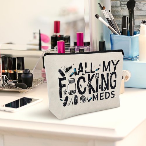 GyovinnJuwanua Funny Medicine Makeup Bag - Medicine Gifts Nurse Practitioner Funny Organizer Travel Cosmetic Bag, Pill Storage Bag Full Of Drugs Toiletry Pouch with Zipper for Patient Women (MEDS-A)