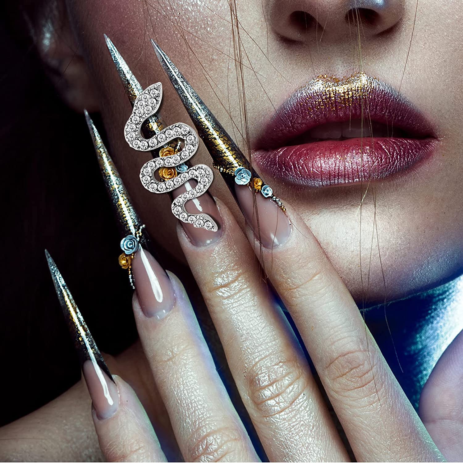 WOKOTO 12pcs Snake Nail Charms For Acrylic Nails 6 Gold And 6 Silver Snake Nail Rhinestones And Charms For Women Nail Art 3d Nail Decorations Snake Alloy Nail Jewels And Rhinestones 3d Nail Charms