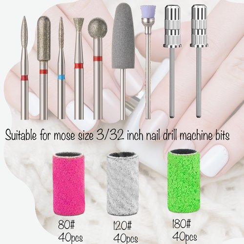 120 Pcs Nail Sanding Bands for Nail Drill, 80#120#180# Grit Nail Sander for Drill and 9 Pcs Nail Drill Bits Sets for Acrylic Nails