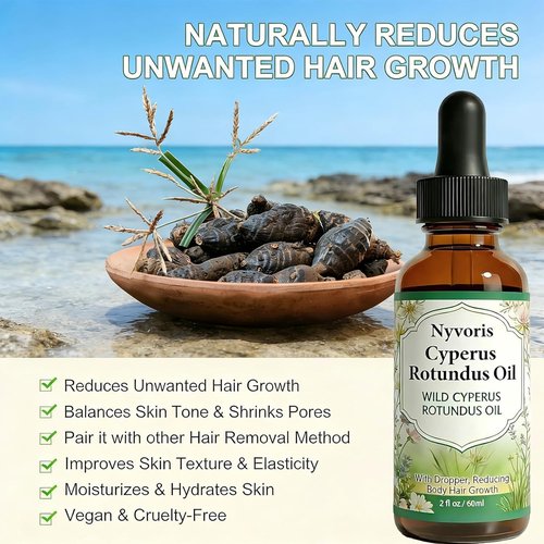 NYVORIS Natural Cyperus Hair Reducing Oil - Plant-Based Formula to Slow Regrowth & Shrink Pores - 2 Fl Oz