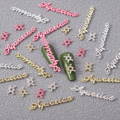 JERCLITY 30pcs Silver Gold Pink Alloy Aquarius Zodiac Nail Charms 15pcs Aquarius Sign Symbols 15pcs Constellation Words Nail Charms for Nails（Dates: January 21st to February 19th）