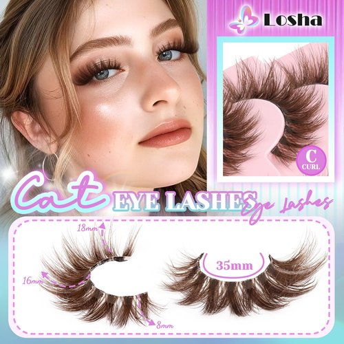 Losha Brown Lashes Volume False Eyelashes Fluffy Cat Eye Lashes 7 Pairs Crisscross Lashes Strips with Clear Band 8-18mm Thick Fake Eyelashes (FC03 Brown)
