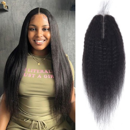 DSEKCAIN Kinky Straight Lace Closure 2x6 HD Lace Closure Yaki Straight Human Hair Transparent Middle Part Long Parting 100% Real Human Hair Natural Black Color 14 Inch