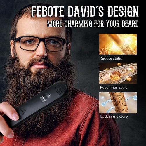 FEBOTE Innovation Beard&Hair Straightener for Men w/Natural Boar Bristle Brush, Pear Wood Comb, Mustache Scissors and Travel Bag, Professional Beard Care Set for Him, Men's Fashion and Grooming Gifts