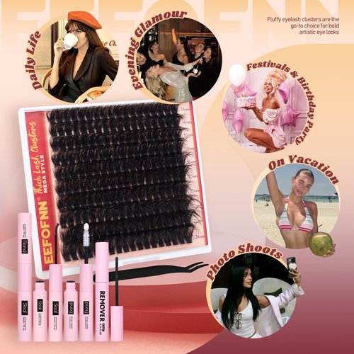 Fluffy Lash Clusters Kit Dramatic 270D Cluster Eyelash Extensions Kit 14-24mm Long Eyelash Clusters Kit Thick Volume Individual Lashes Bond and Seal Remover Tweezers Mega Lash Extension Kit by Eefofnn