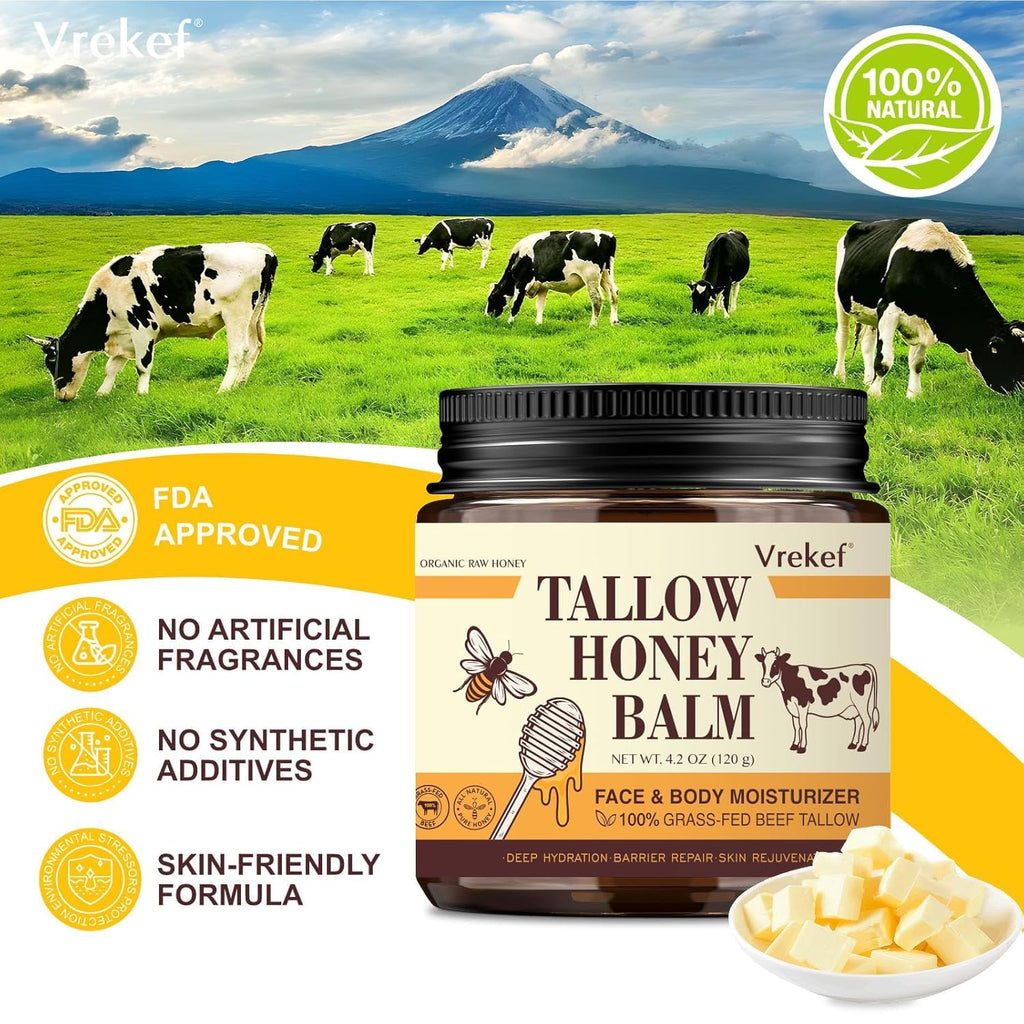 VREKEF Beef Tallow for Skin (4.2 oz)– Tallow and Honey Balm for Face & Body – Grass-Fed Tallow with Beeswax, Sea Buckthorn Oil, Shea Butter, Vitamin E – Natural Moisturizer