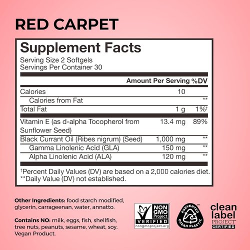 HUM Red Carpet Skin & Hair Vitamins - Omega 3, Vitamin E & Black Currant Oil for Healthy Skin & Hair | 60 Count