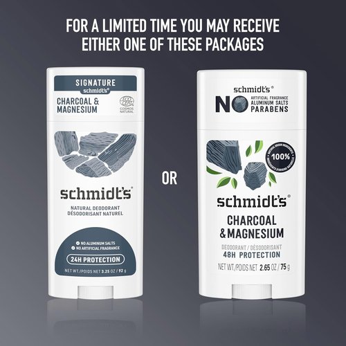 Schmidt's Charcoal & Magnesium Vegan Deodorant - Aluminum-Free, 48-Hour Odor Protection | 2.65 oz, Pack of 2